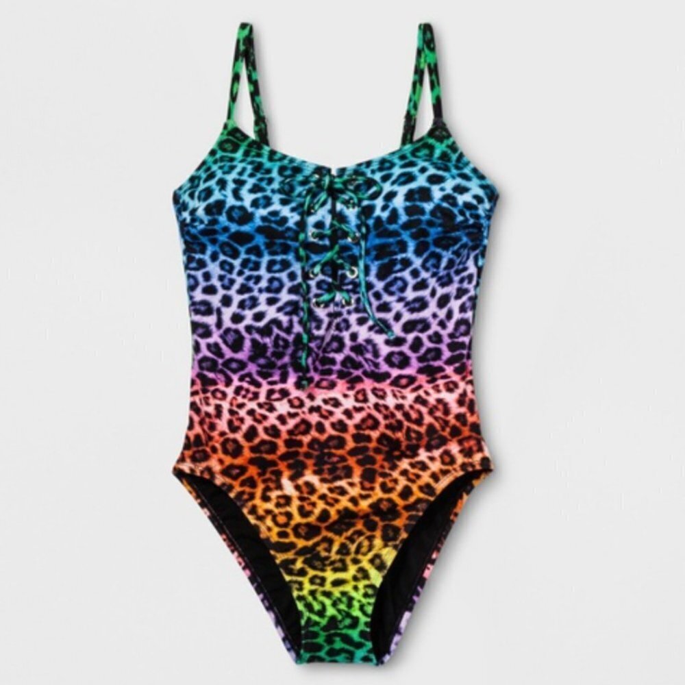 Sirena Pride Adult Rainbow Leopard Print One-Piece Multicolored Swimsuit Sz S